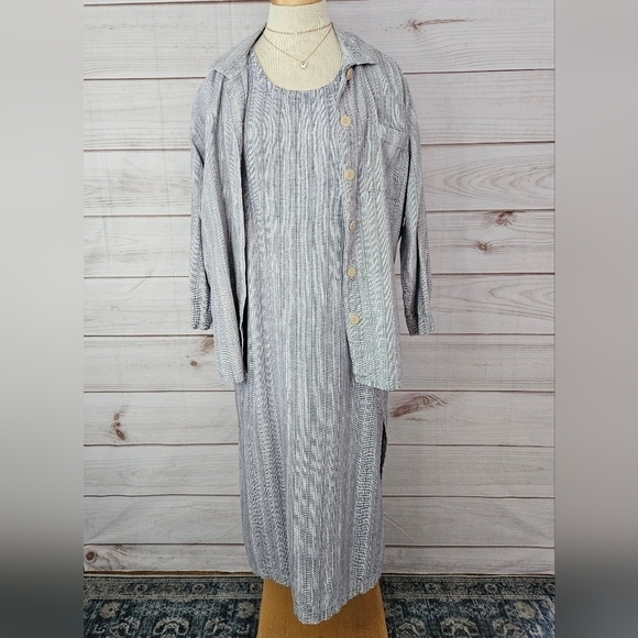 Picante Cotton Two Piece Midi Dress Set with Button Down in Blue and White Sz M - Picture 3 of 12